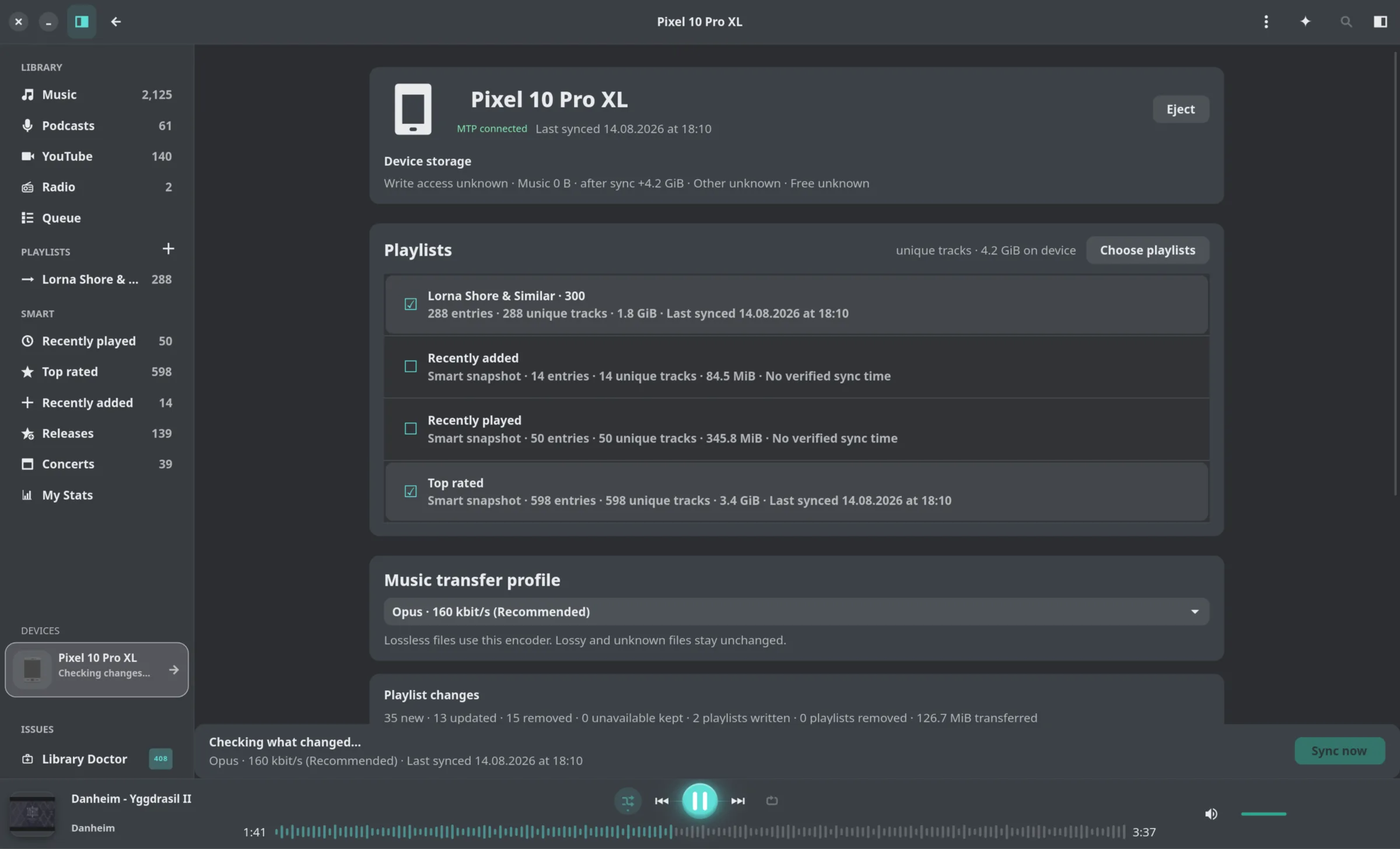 The Reprise device page showing a connected Android phone and playlist sync controls