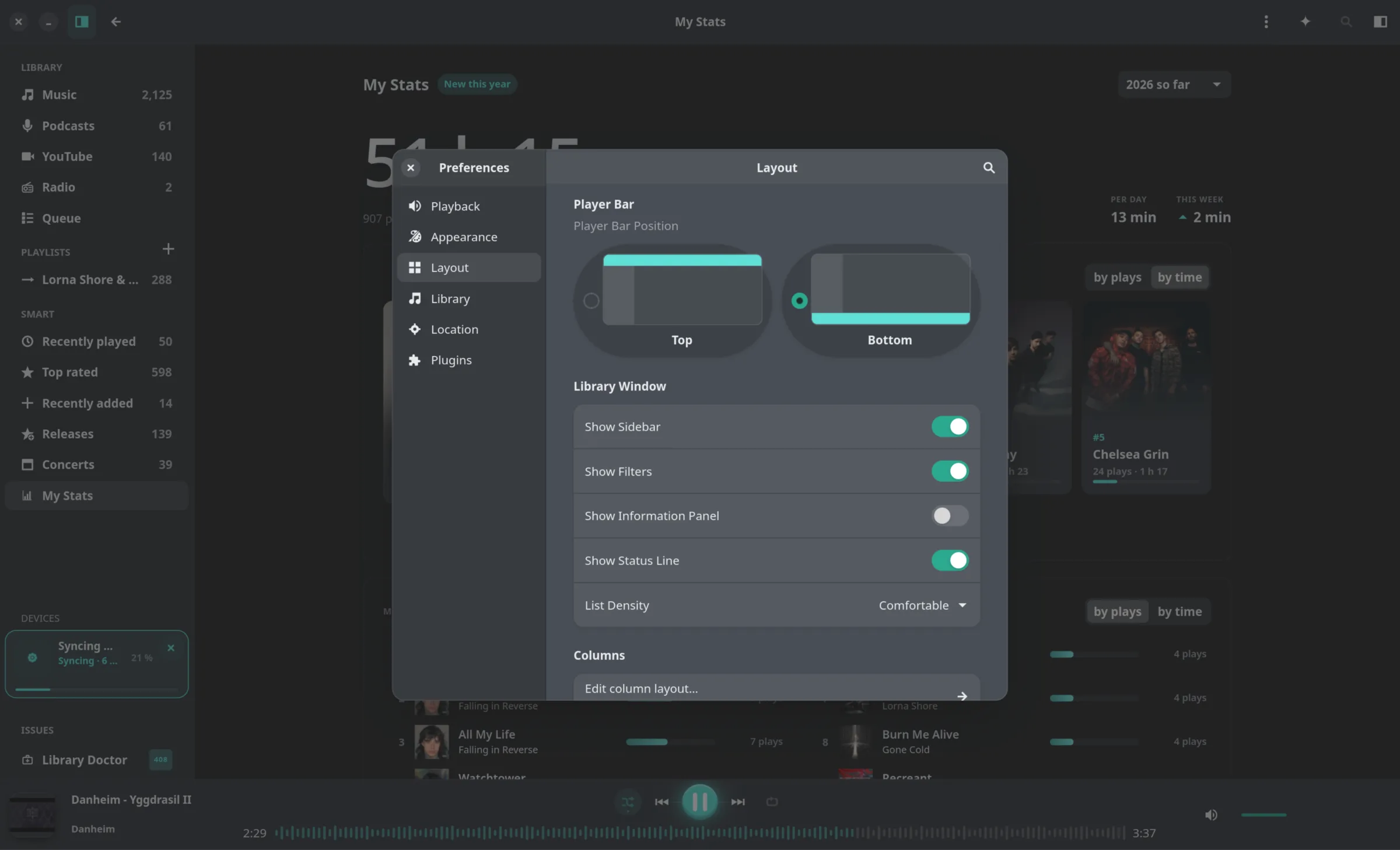 Reprise layout preferences shown over the listening statistics page