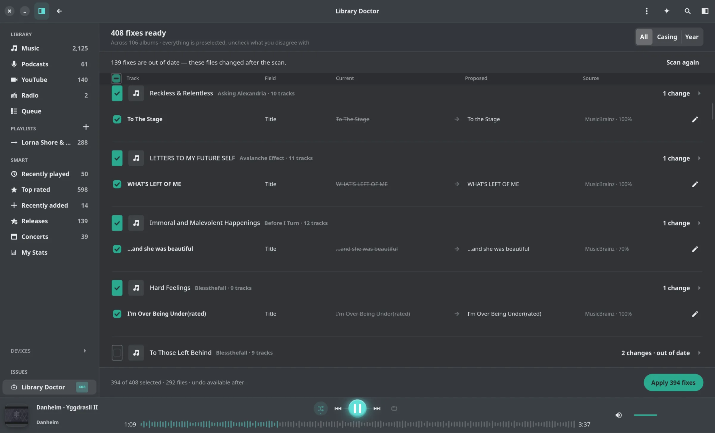 The Reprise Library Doctor review with grouped metadata proposals and apply controls