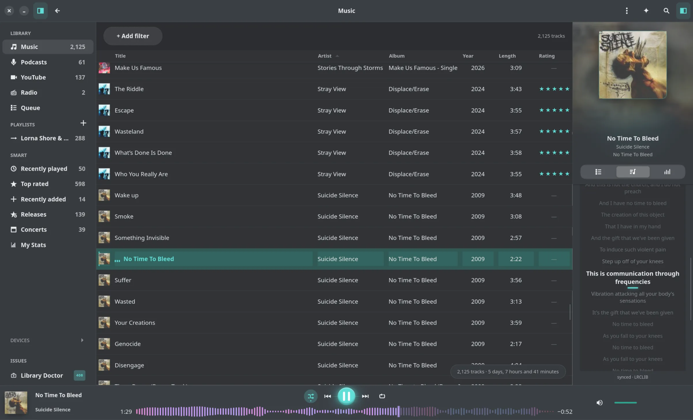 Reprise running on GNOME with the music library and Now Playing visible
