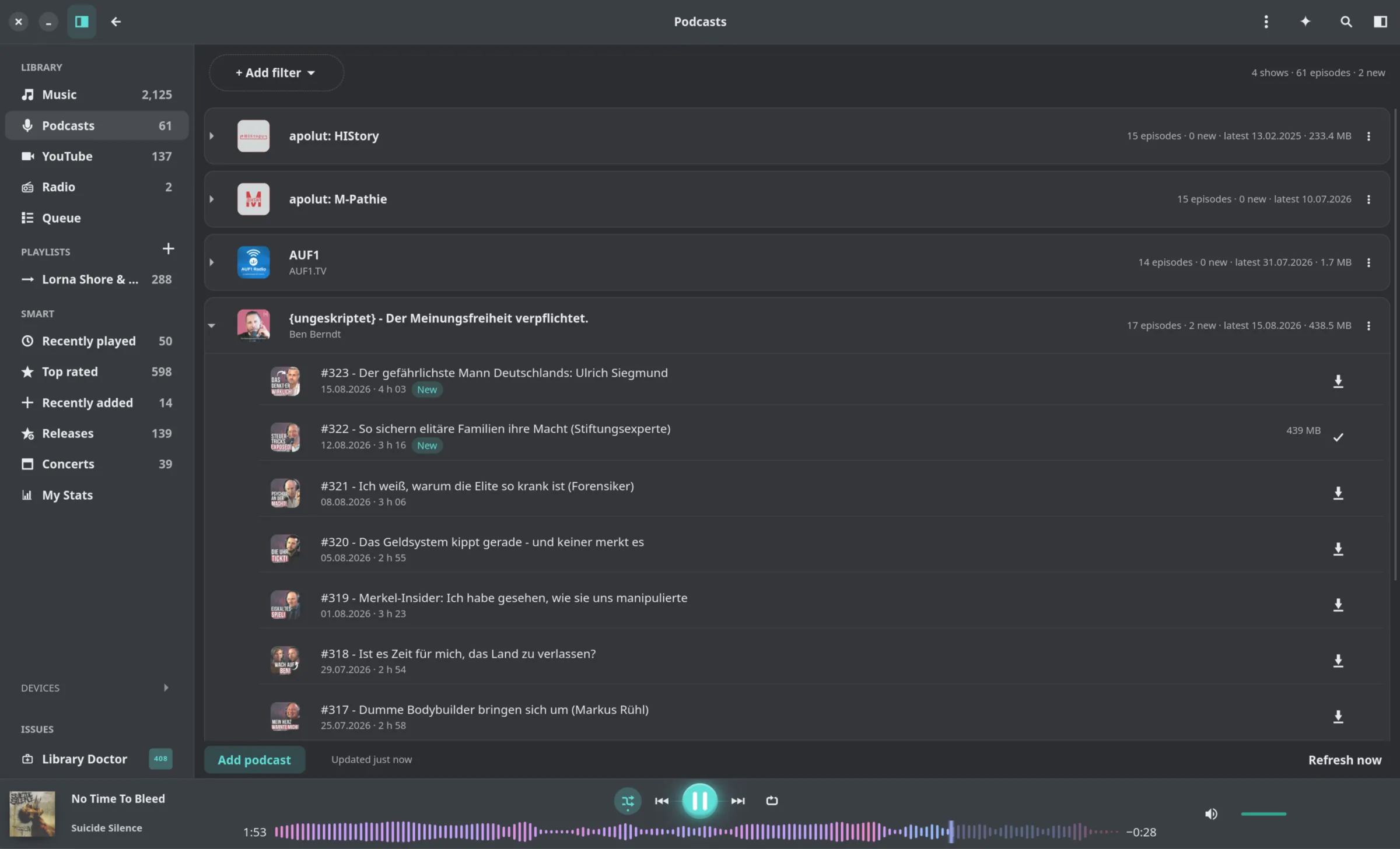 The Reprise Podcasts view with grouped shows and episode download actions