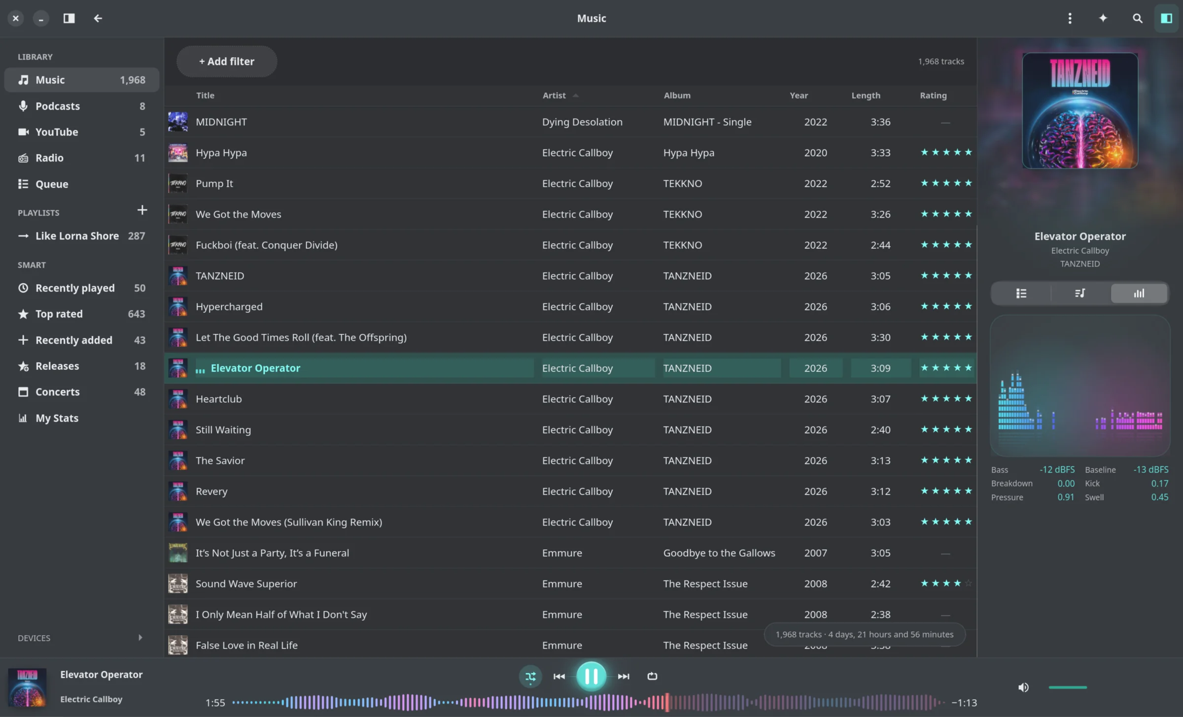 Reprise on GNOME playing Elevator Operator, with cover glow and a neon song visualization